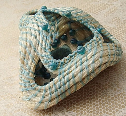 Blue Eyed Wave Horsehair Basket Coiled with White Blond Horse Hair Art Sculpture