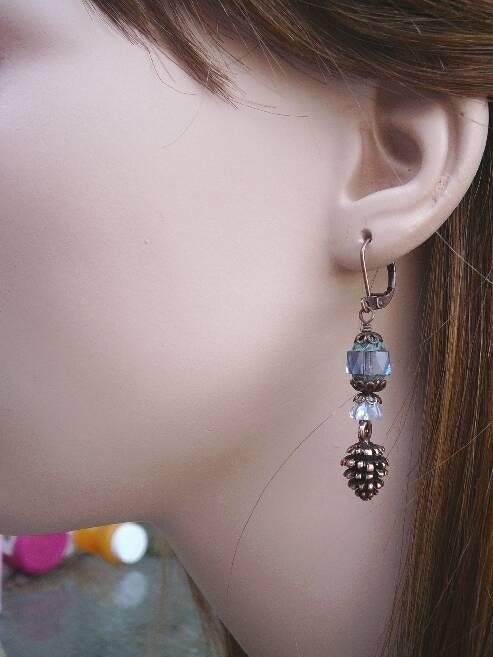 Pine Cone Charm Earrings with Sapphire Blue Czech Glass and Antiqued Copper