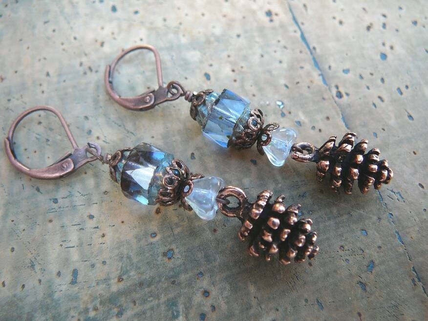 Pine Cone Charm Earrings with Sapphire Blue Czech Glass and Antiqued Copper