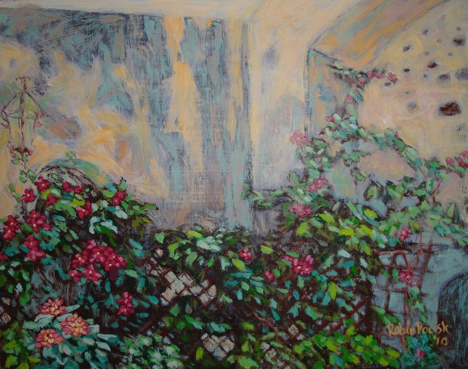 Sale - Impressionist Acrylic Painting: 8 x 10 inches Original Greek Floral Art on Masonite by Robin Pocisk