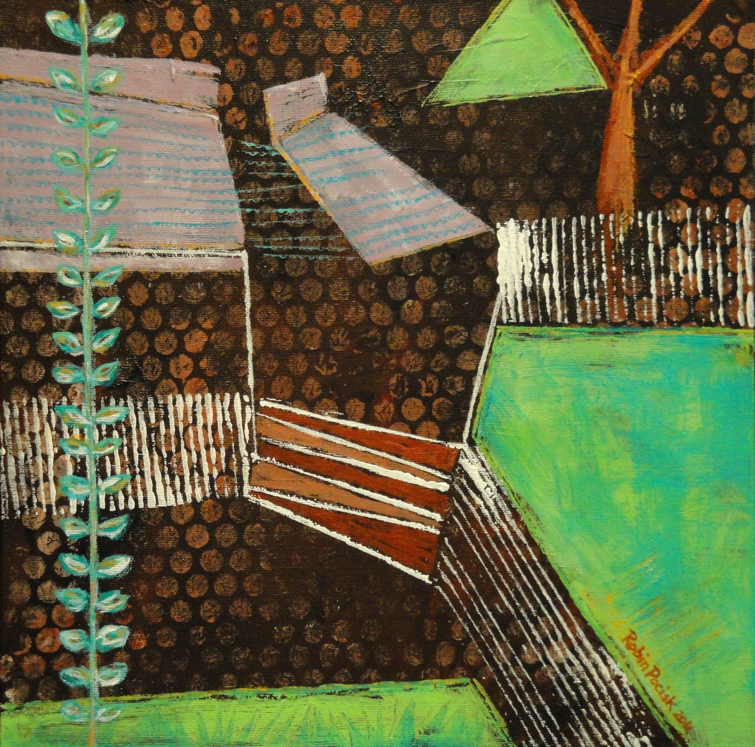 Abstract Acrylic Gazebo Painting: 12 x 12 inch Original Art on Canvas by Robin Pocisk