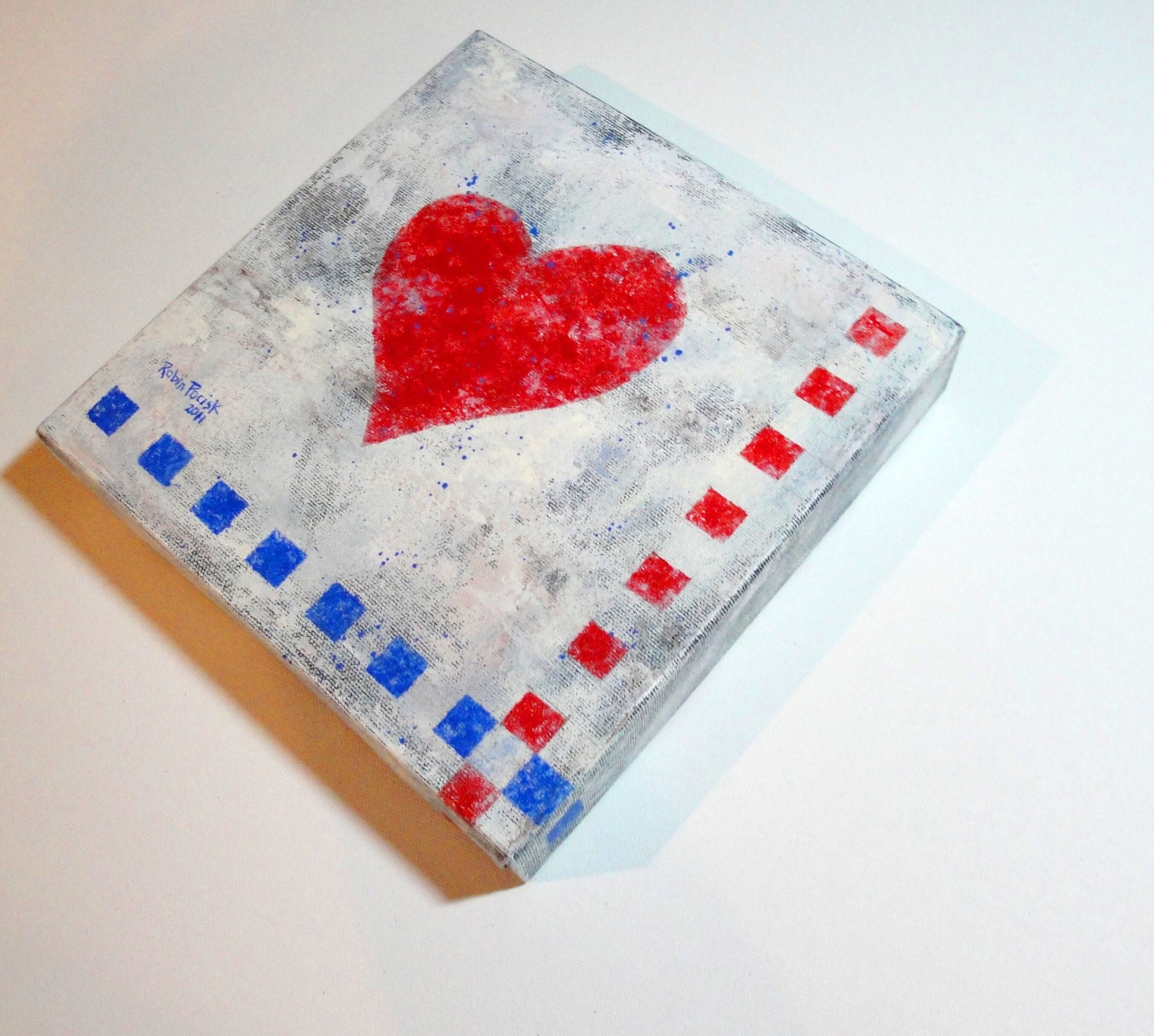 Country Folk Heart Art: 8 x 8 inch Original Abstract Acrylic Painting on Canvas by Robin Pocisk