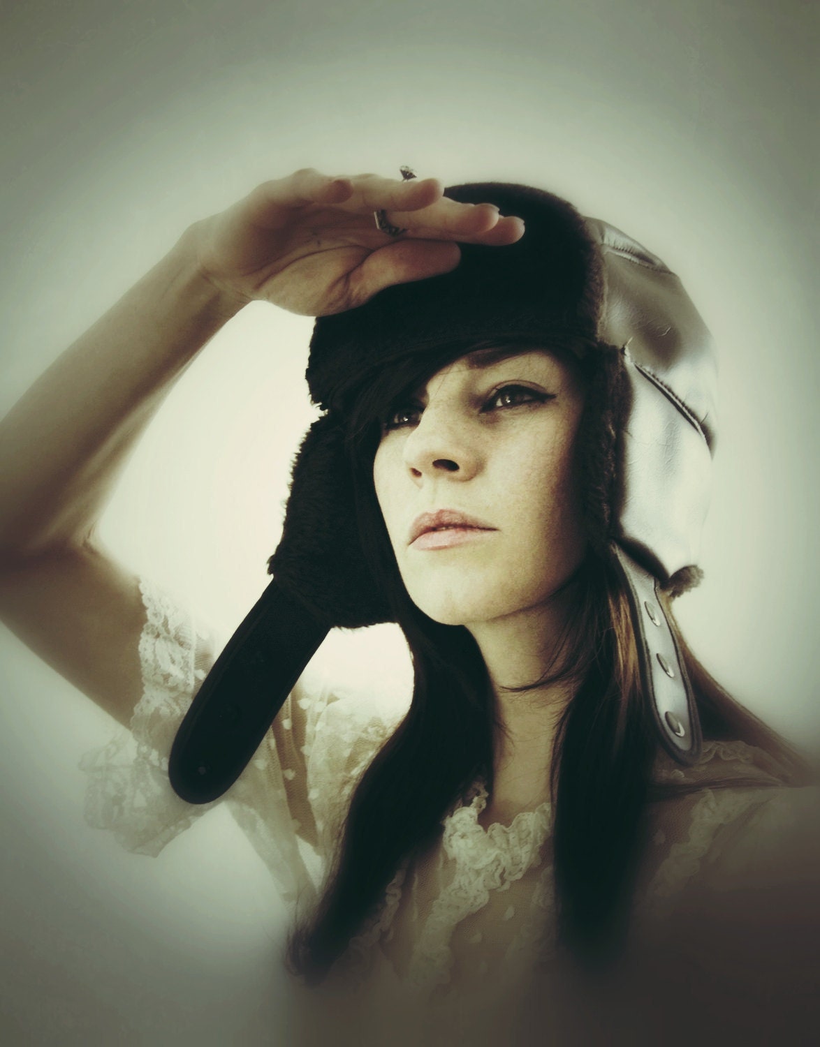 Vintage Aviator Hat . Brown Leather . Faux Fur Lined