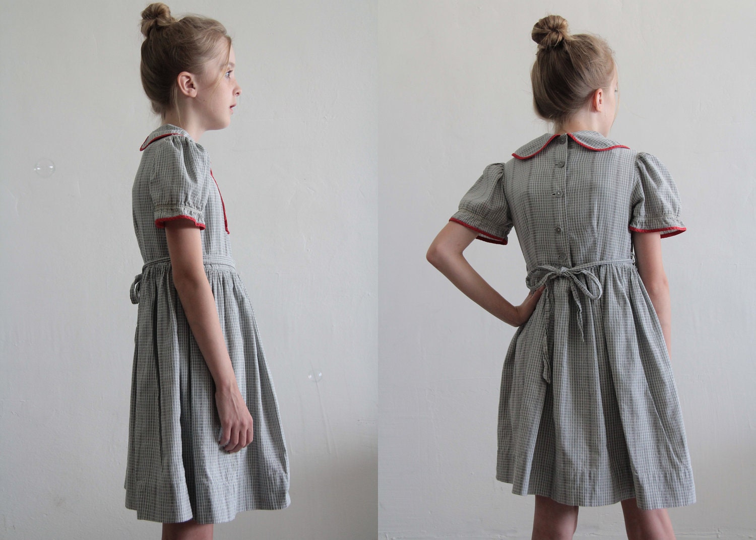 1950s Little Girl Dress . Plaid . Grey and White . Red Trim . Mid Century Childrens Sundress . Kids