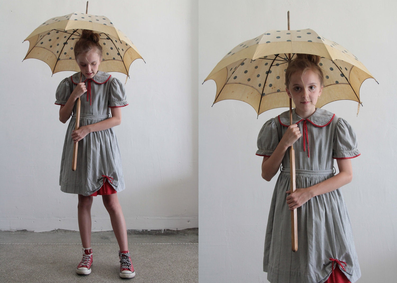 1950s Little Girl Dress . Plaid . Grey and White . Red Trim . Mid Century Childrens Sundress . Kids