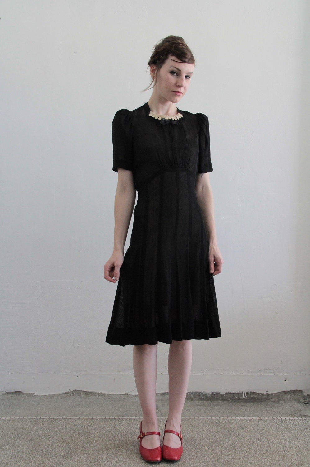 1930s Mesh Dress . Sheer LBD . 30s Gown . Black . Deco . High Fashion
