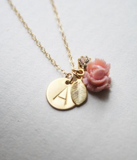 Hand Stamped Initial Necklace with Rose, Personalized Custom Cluster Initial Necklace, Rose Necklace, Bridal, Bridesmaids- Initially Always