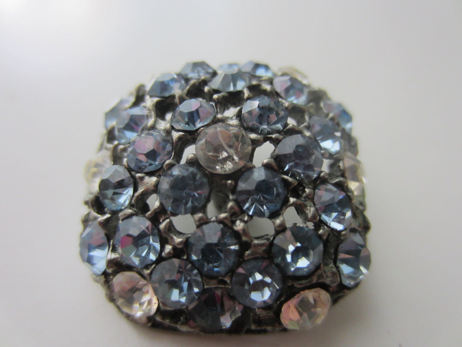 Vintage Buttons - beautiful, 1 large square, blue and clear rhinestone embellished, silver domed design, estate sale button (lot 1805)