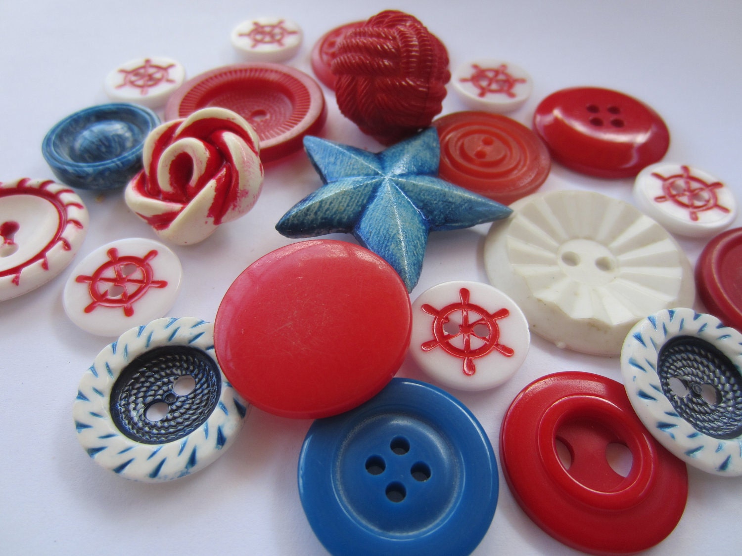 Vintage Buttons - Cottage chic mix of red, white and blue,nautical, old and sweet - 22 total (1900)