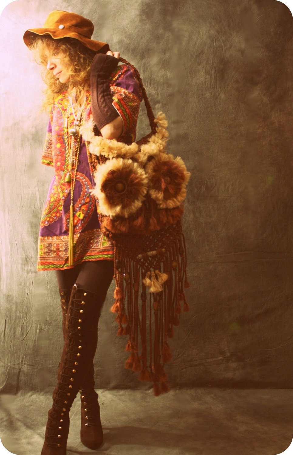 Vintage Retro 60s Look  "I Got My Eye On You"  Made to Order OOAK Handmade Macrame Hippie Woodstock Owl Handbag Purse Bag