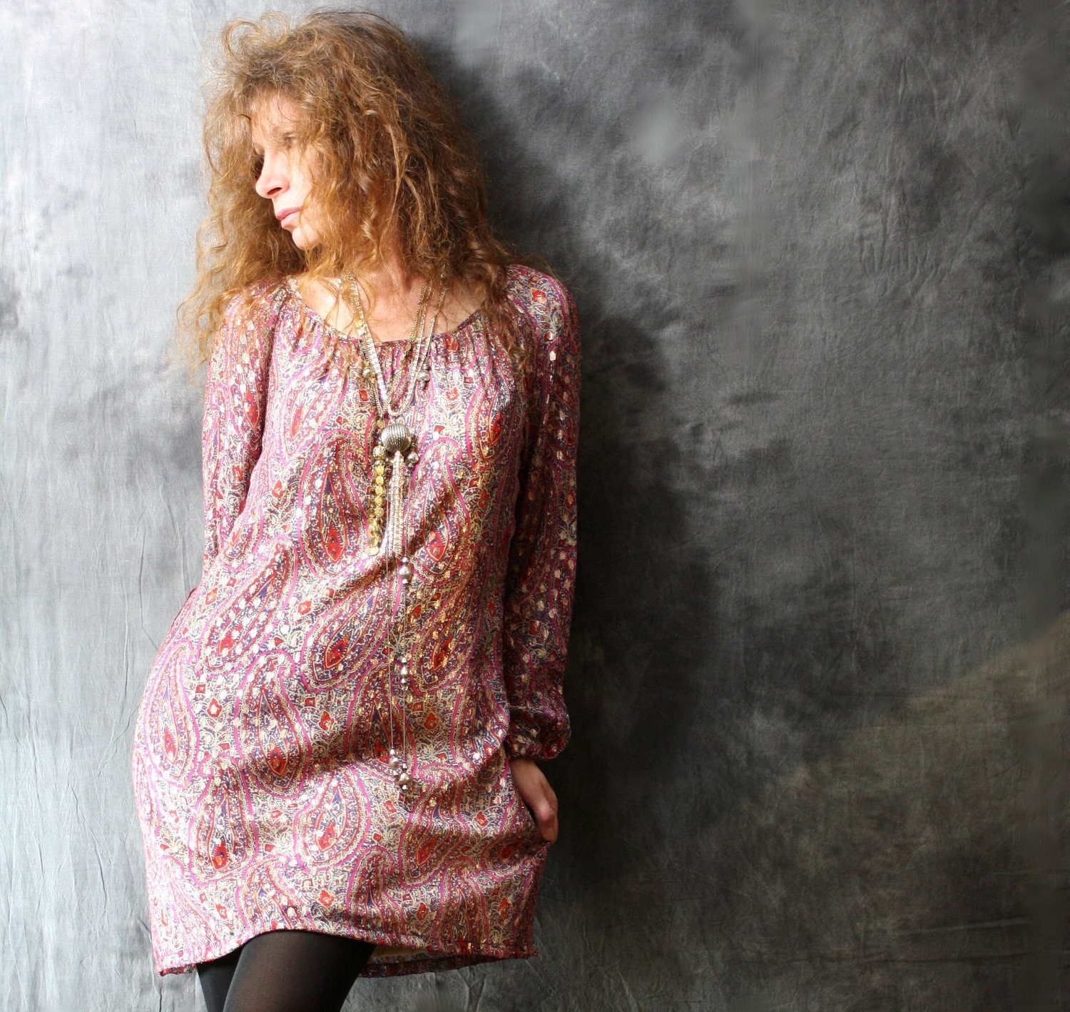Vintage 1960s Dress Metallic Hippie India Paisley Gypsy Peasant Dress