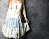 Vintage 1970s Sweetheart Corset Prairie Halter Sun Dress . Tiered Ruffle Hem