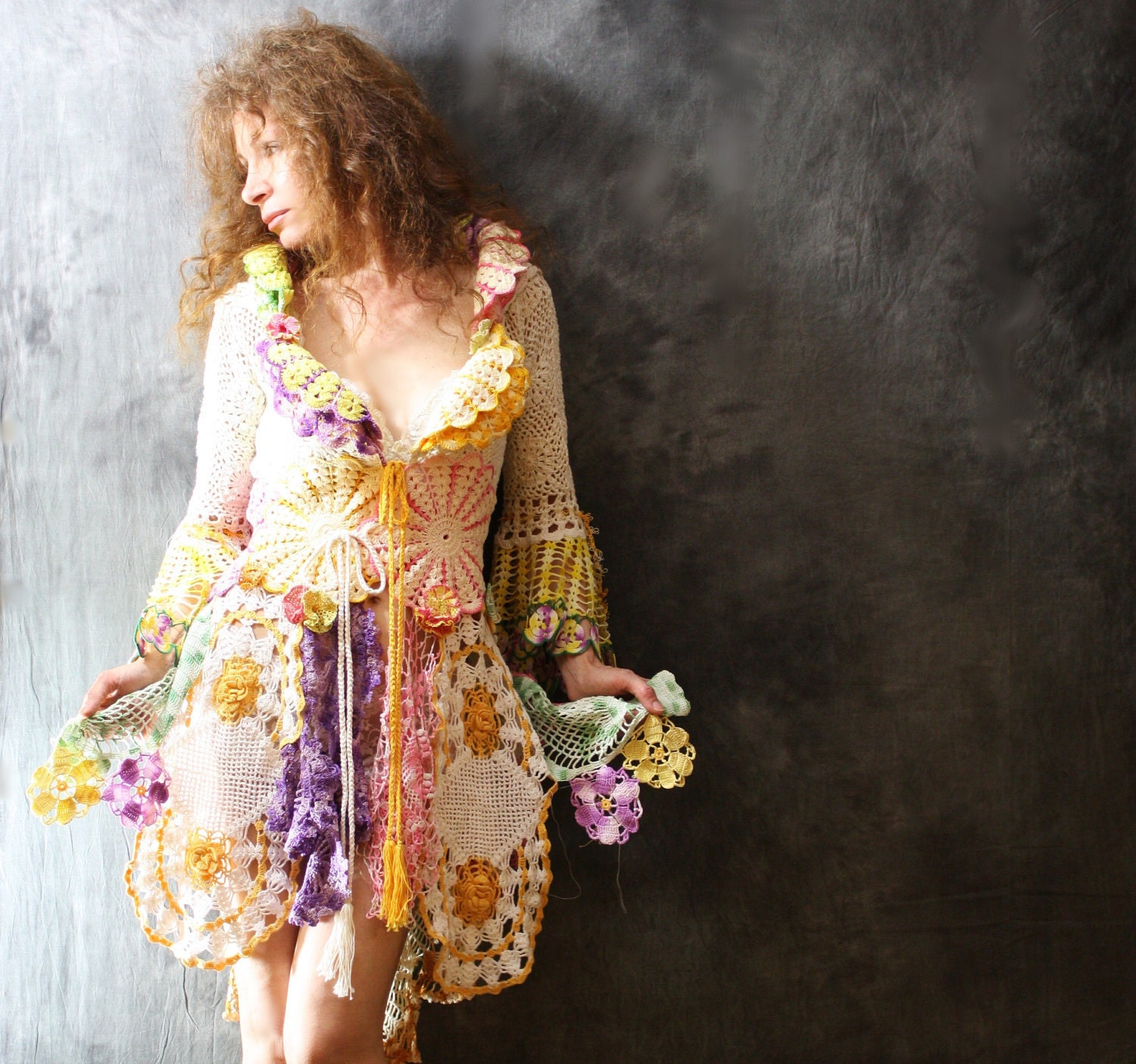 Reserved for Nadia Crochet Flower Fairy Fantasy Sweater Dress Hoodie Jacket Tuxedo Style Reconstructed Handmade Vintage Doilies