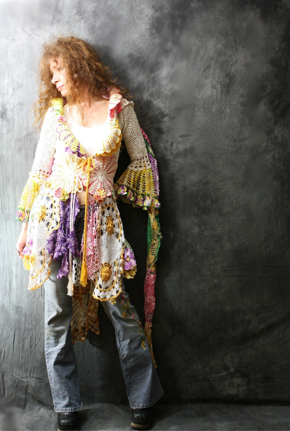 Reserved for Nadia Crochet Flower Fairy Fantasy Sweater Dress Hoodie Jacket Tuxedo Style Reconstructed Handmade Vintage Doilies
