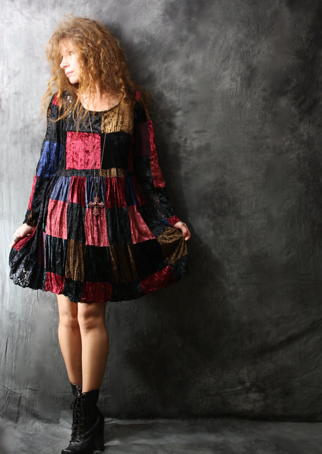 Vintage 1980s Witchy Gypsy Hippie Patchwork Velvet Baby Doll Dress One Size