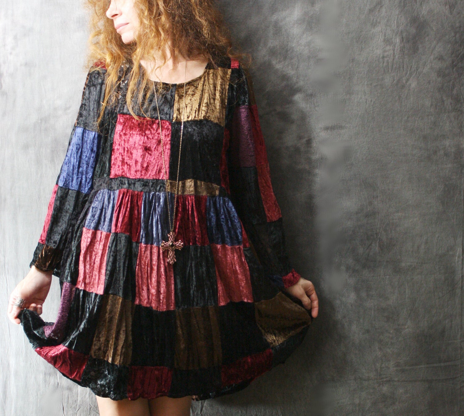 Vintage 1980s Witchy Gypsy Hippie Patchwork Velvet Baby Doll Dress One Size
