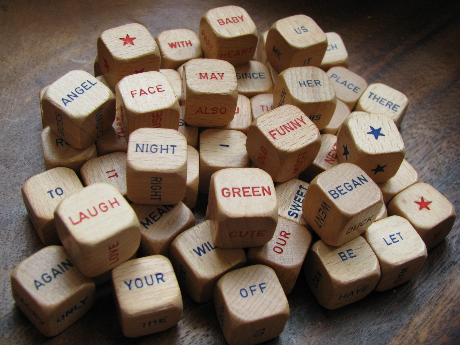 Vintage Scrabble Quip Qube Wooden Word Cubes or Dice. Blue and Red. Set of 10