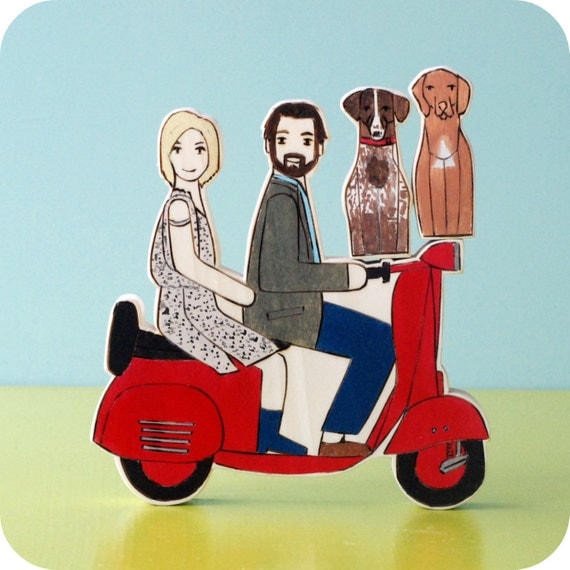 Custom Wedding Cake Topper Couple on Vespa  with Two Pets