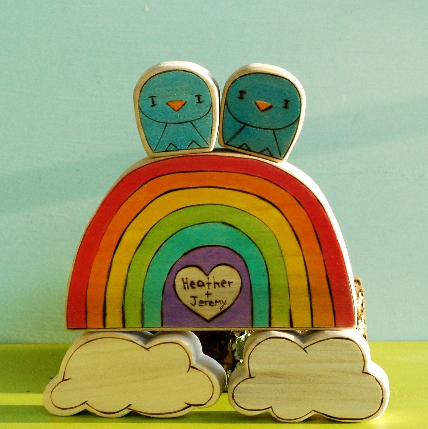 Custom Wooden Star House Rainbow with Sweetheart (you give me your names or initials) and Tweet Pair (you tell me what colors)