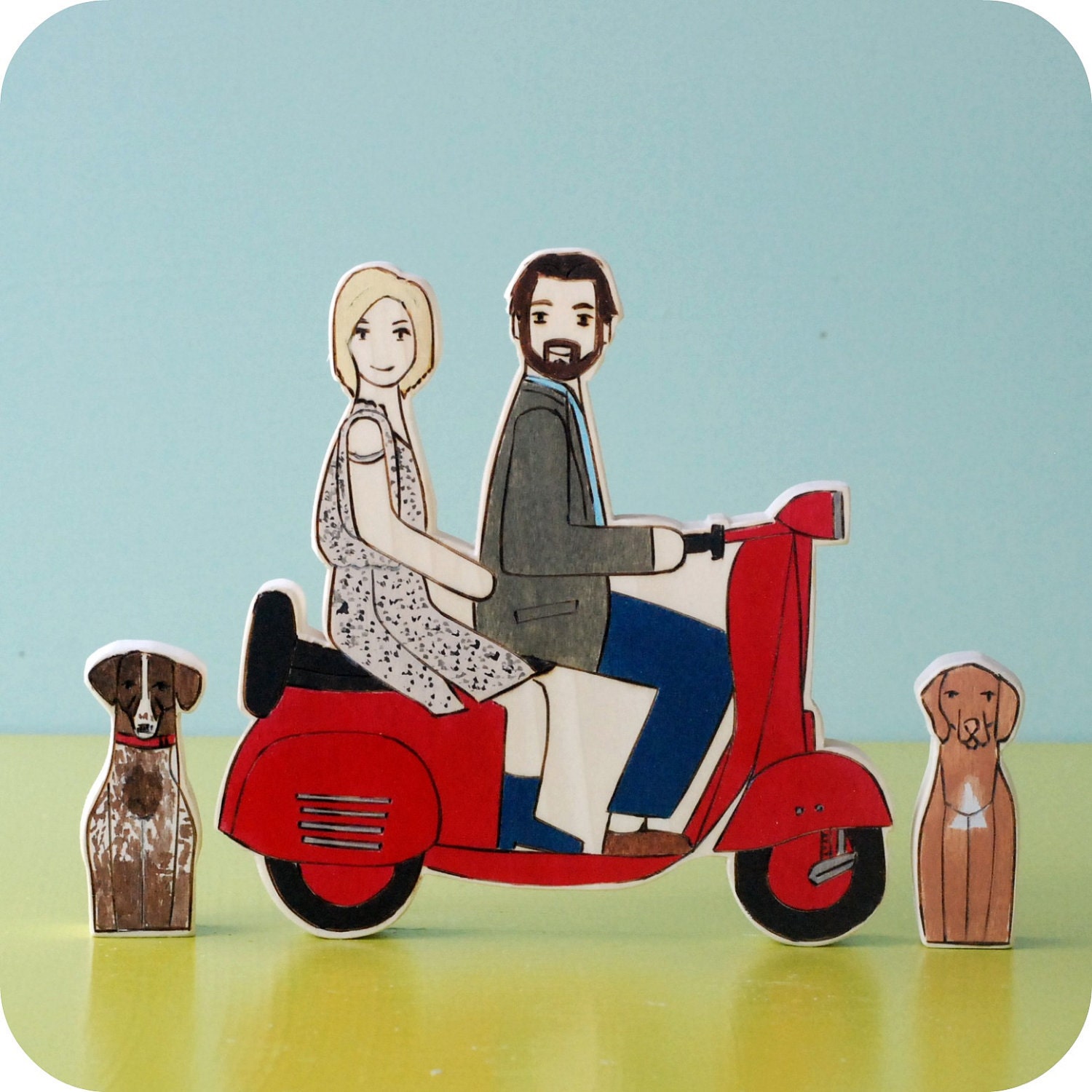 Custom Wedding Cake Topper Couple on Vespa  with Two Pets
