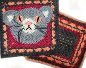Cat , Heart - Granny Square - Crochet PATTERNs, 2 large squares, PDF, Animal. Immediate Download