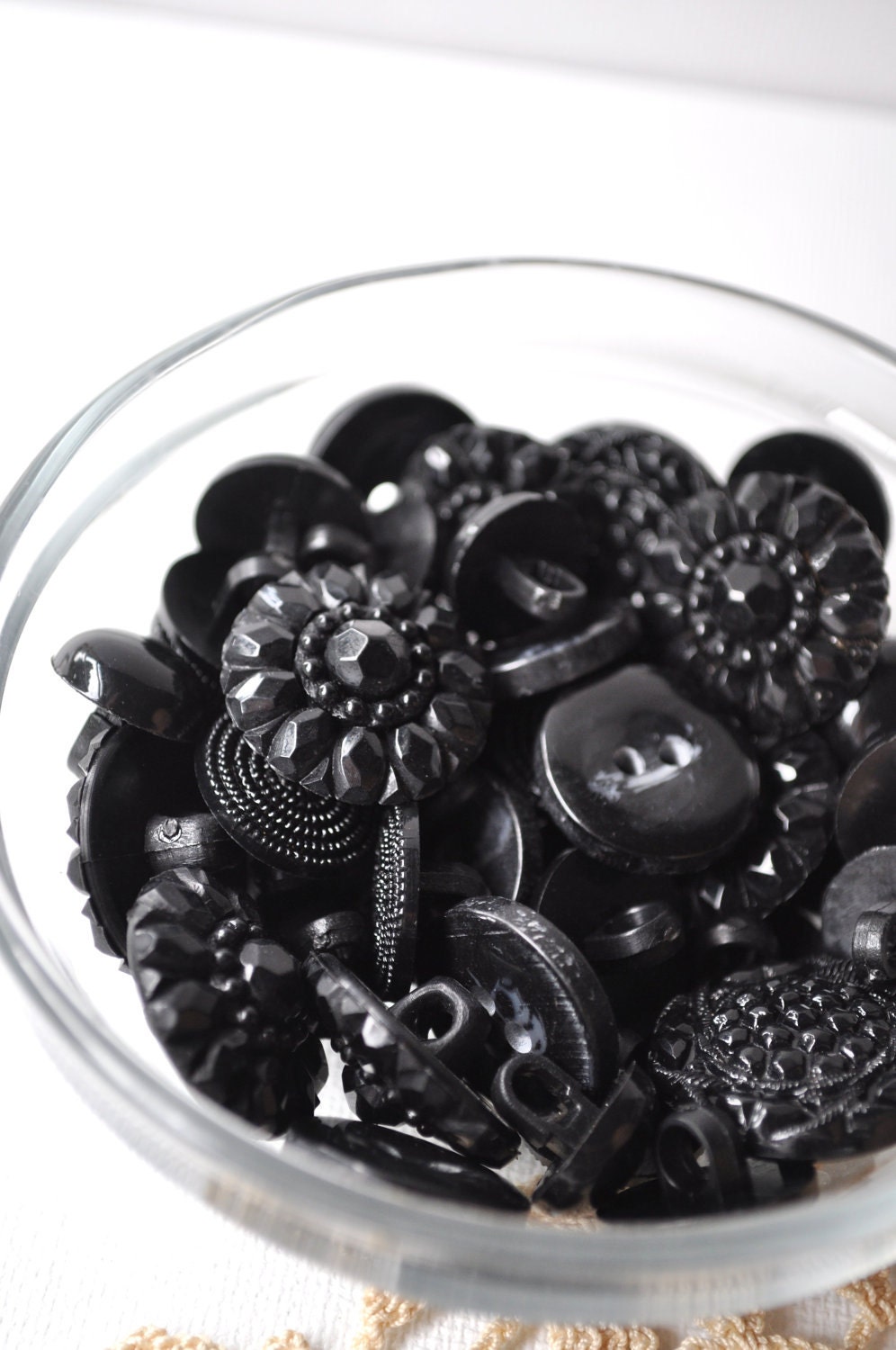 Black Plastic Buttons Faux Antique Cut or Pressed Glass Shank Lot Over 50 Matching Sets