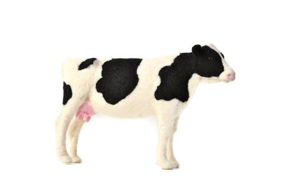 Needle Felted Dairy Cow - Holstein black and white cow made out of Solid wool