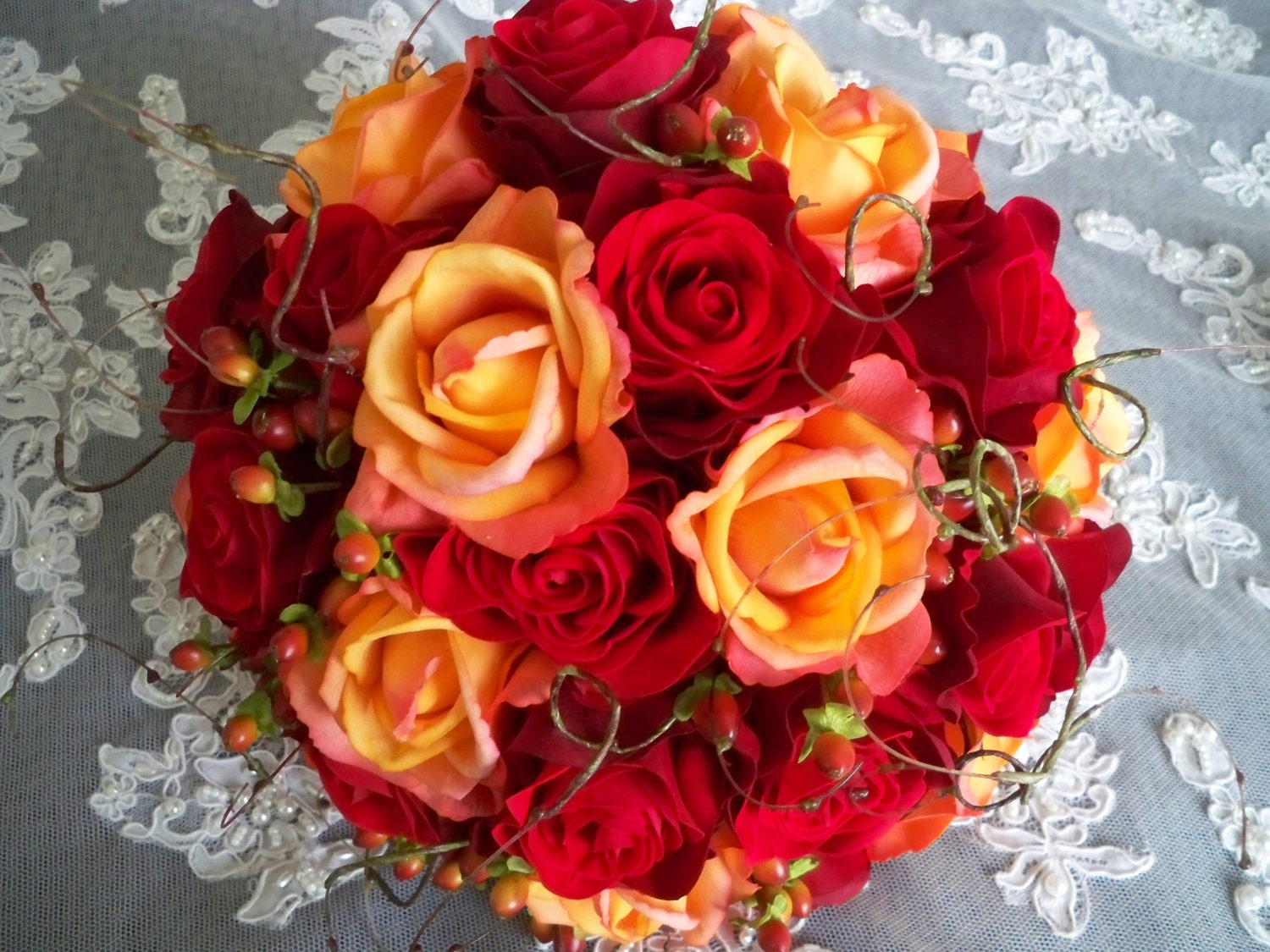 Silk Flower Red Orange Bridal Autumn Fall Wedding Silk and Realtouch Bouquet Tuscan Hillside