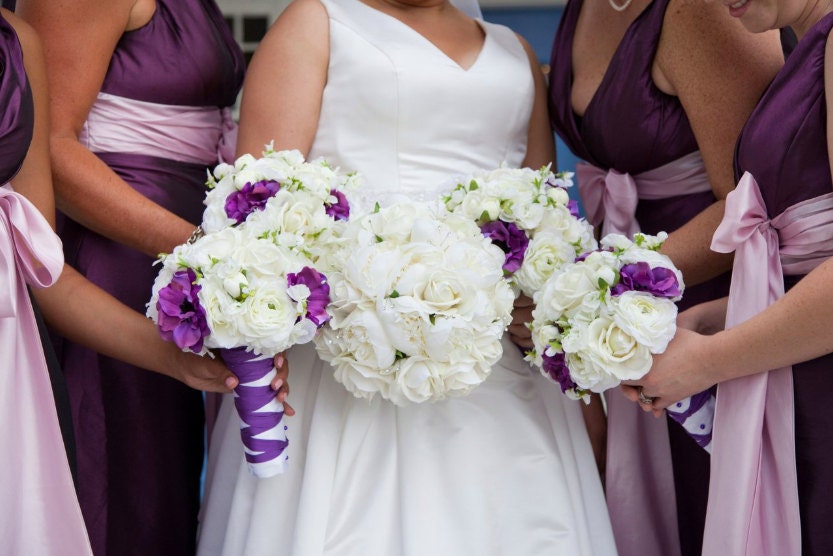 15 Piece Bridal Set Purple Silk Anemones and Realtouch Roses Wedding Bouquet, Bridesmaids Bouquet, destination Bridal Bouquet Package