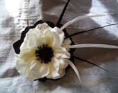 Black And White Silk Anemone Feather Hair Clip