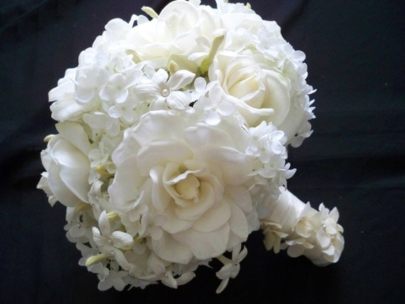 Realtouch Wedding Bouquet of Replica Of Ivanka's  Bouquet In Gardenias Roses and Stephanotis and Boutonniere