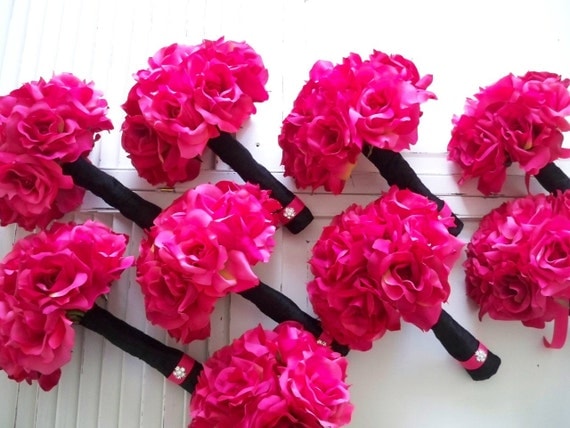 Silk Wedding Bouquet of Hot Pink Florals Wrapped in Black Bridal and Bridesmaids Bouquet Set