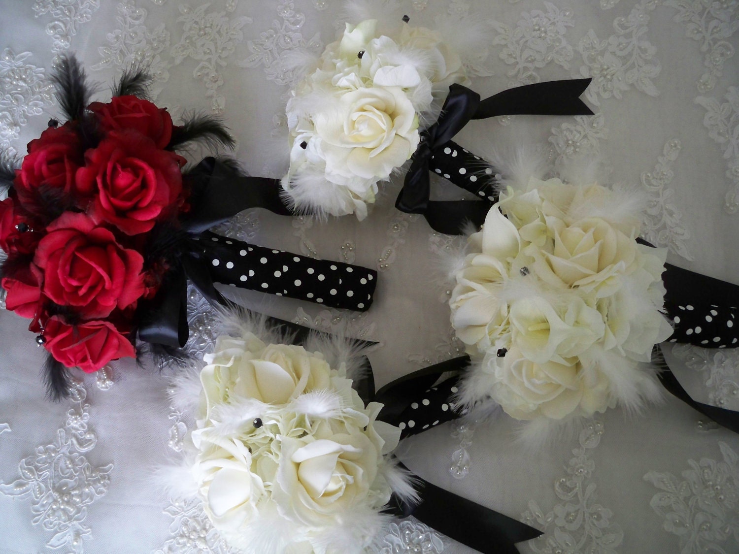 Polka Dots and Realtouch White and Red Rose and Calla Lily Bridal Bouquet Set
