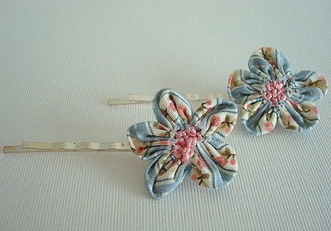 Shabby Fabric Flower Hair Pins - Set of 2