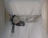 One of a KInd Wedding Gown Sash Vintage Sequins and Black Lace Collage