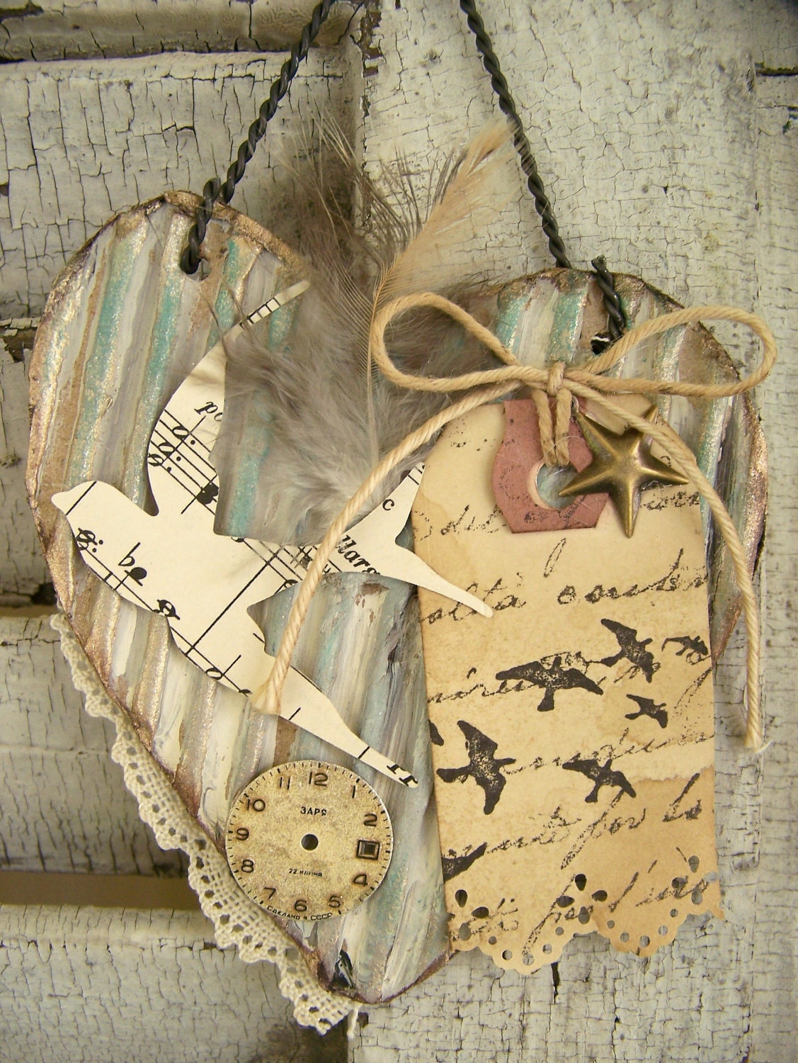 Vintage Altered Bird Collage Vintage Mixed Media Cottage Style Heart Wall Hanging Antique Paper Heart