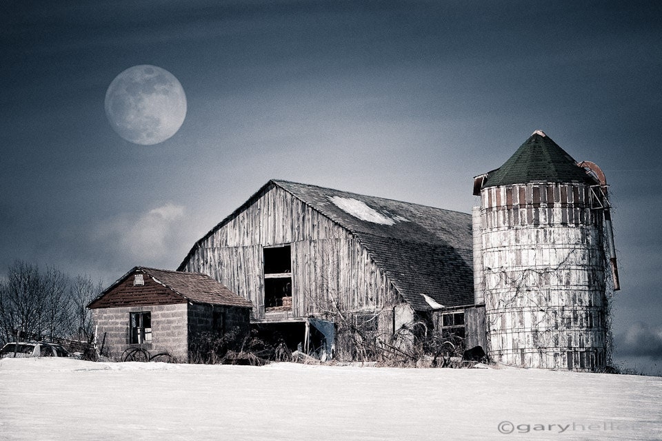 Old Barn - Winter Moon, Rustic Landscape Snow, Moonlight, Silo, White, Blue, Barn Photography, Fine Art Color Photography