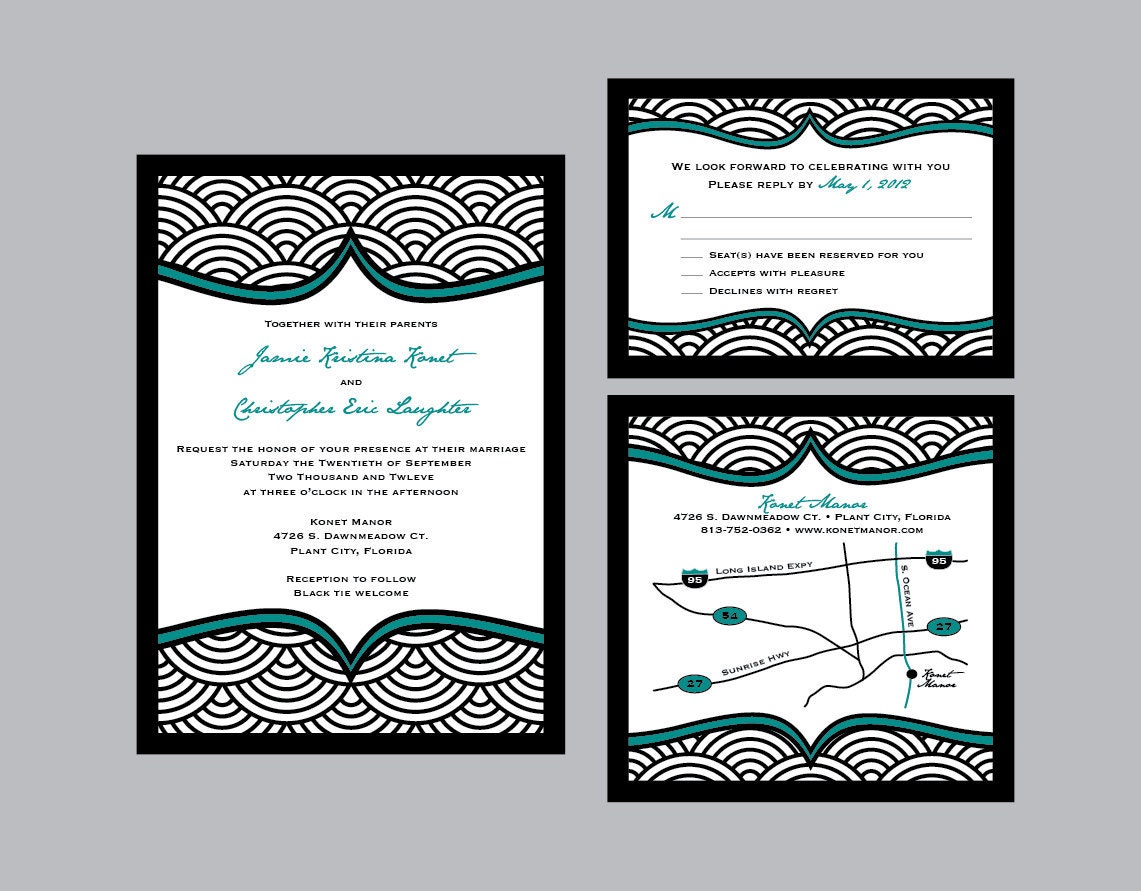 Retro - Vintage Antique Asian Wave  Layered Wedding Invitation Set with address labels