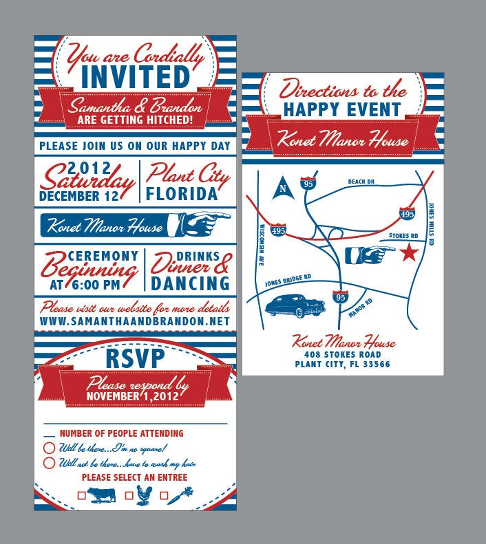 Retro 50's Vintage Antique Victorian Edwardian Nautical Wedding Invitation set with address labels