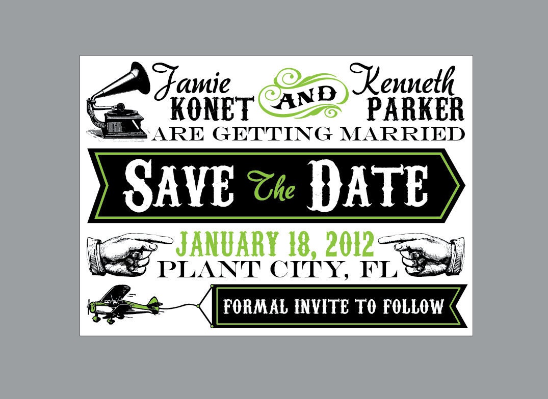 Vintage - Victorian Antique Air Plane Wedding Save the Date with Address Labels