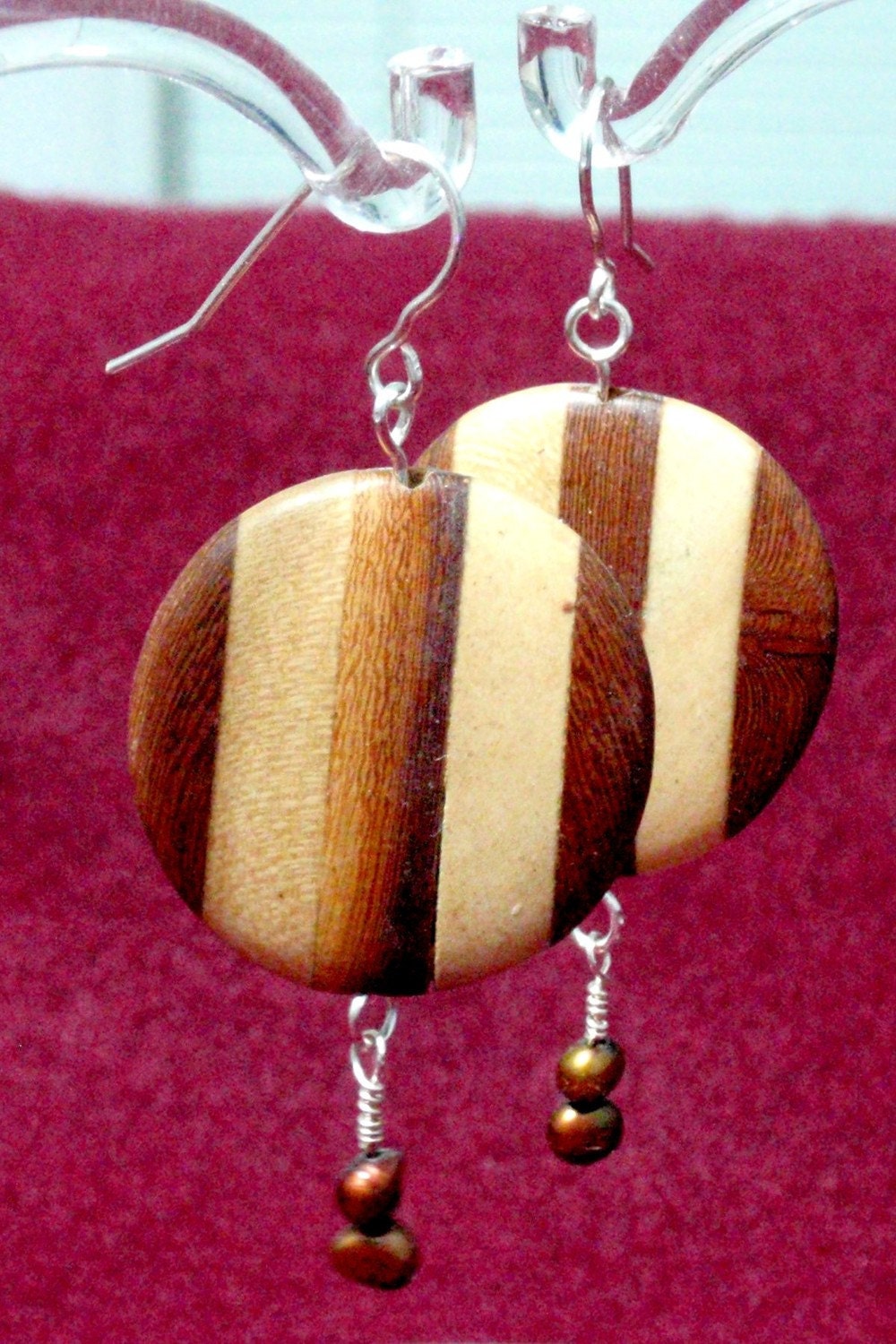 Vintage Two Toned Wood Disc Copper Fresh Water Pearl Earrings Reclaimed