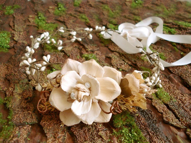 bohemian wedding head piece - WILDWOOD - rustic woodland, fall ivory flower wreath
