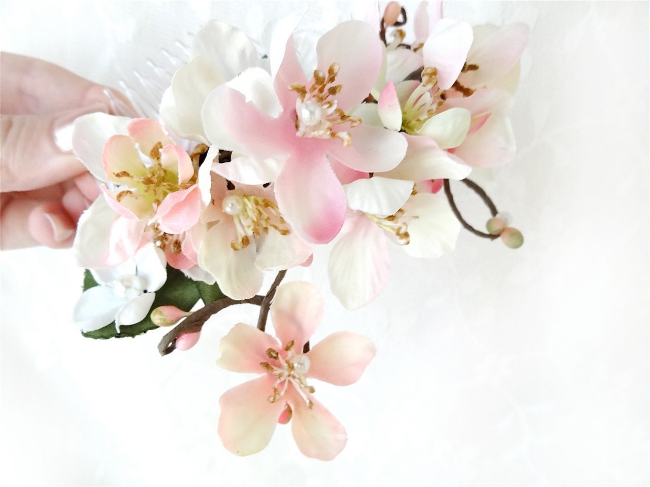 pink cherry blossom hair accessory, wedding hair comb - CHIEKO - bridal hair comb, pink flower, white flower - thehoneycomb