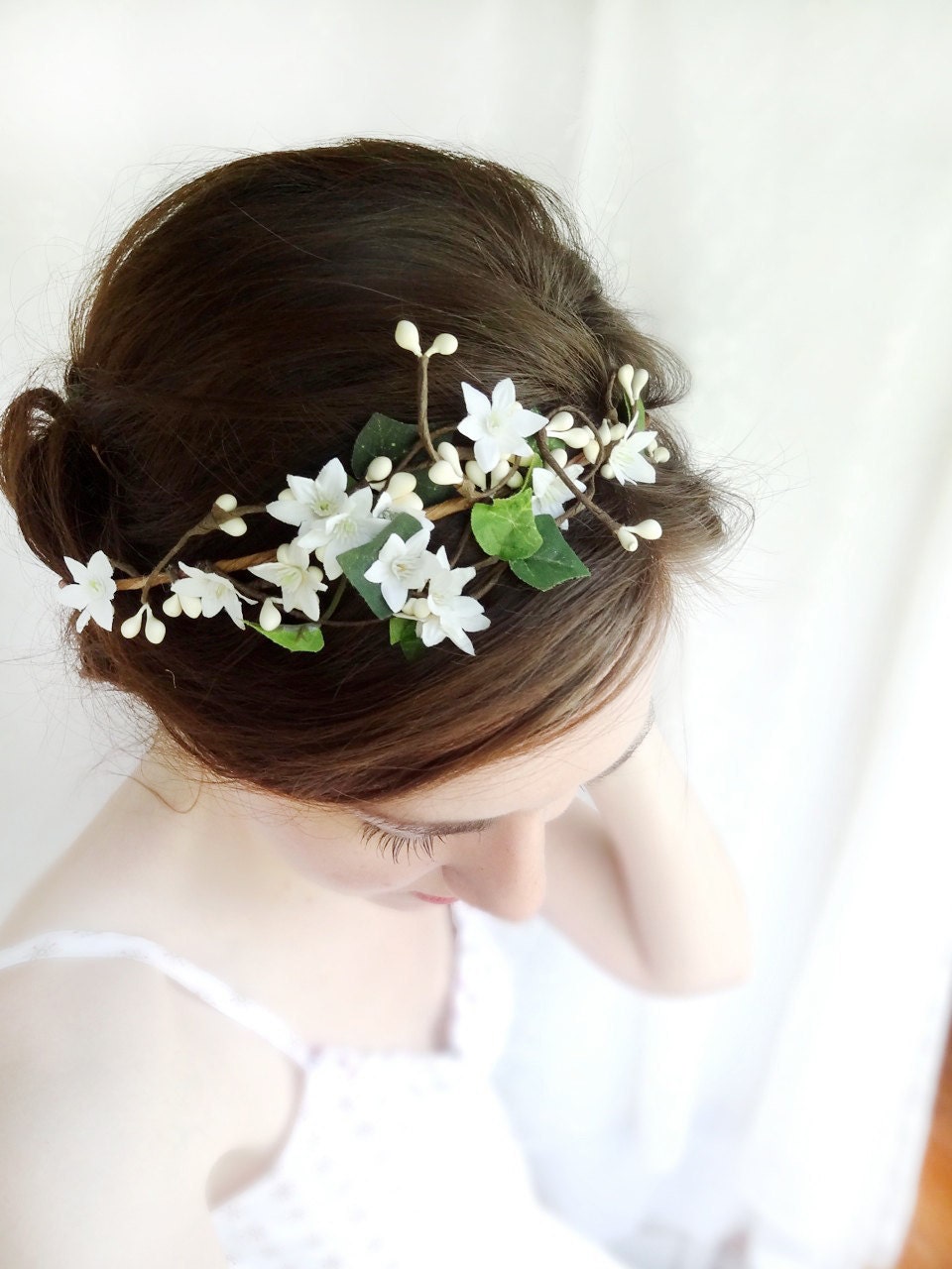 ivy head wreath, ivory flower hair circlet, green leaves - TRELLIS -  bridal flower hair accessories, wired hair crown