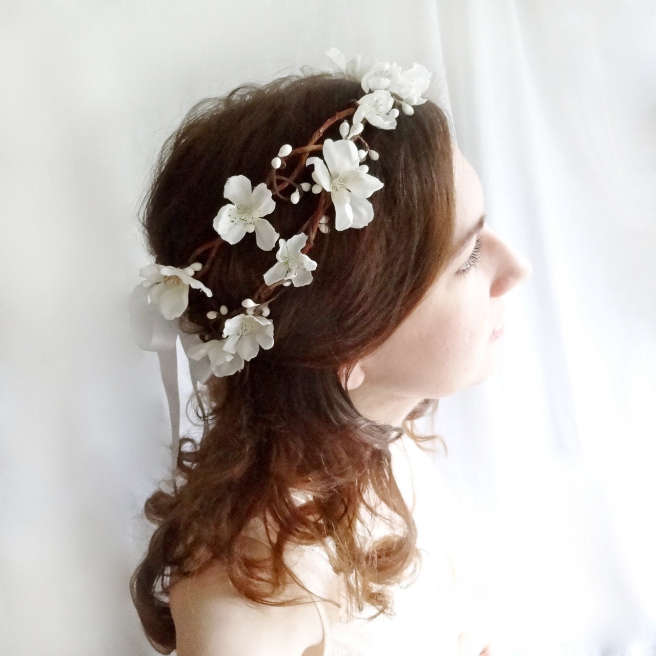 white cherry blossom flower wreath - SHEPHERDESS - ribbon bows, bridal, flower girl