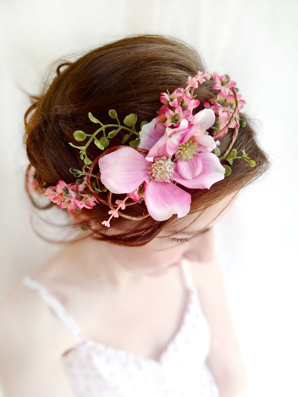 pink flower dogwood headpiece, wedding hair piece, hair accessories - FROLIC - fern, green wedding, flower girl