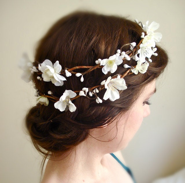 white flower wedding hair wreath, flower girl - SAKURA BRANCH - white cherry blossom head piece