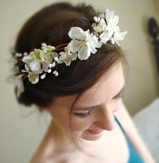 white flower crown cherry blossoms - SAKURA - a wedding head wreath, flower girl