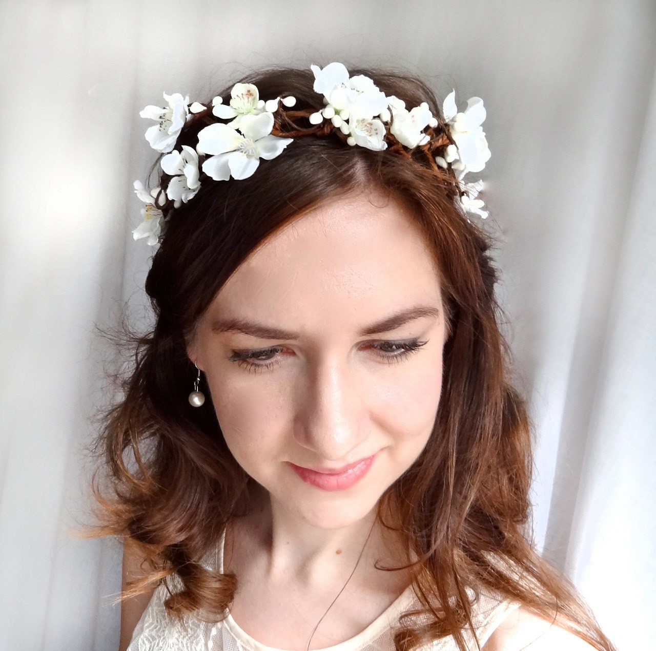 white cherry blossom flower wreath - SHEPHERDESS - ribbon bows, bridal, flower girl