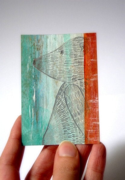 ACEO Print - My lonely friend polar bear teal aqua orange print acrylics animal